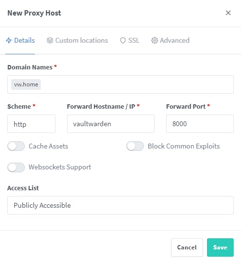 Vaultwarden Proxy Host